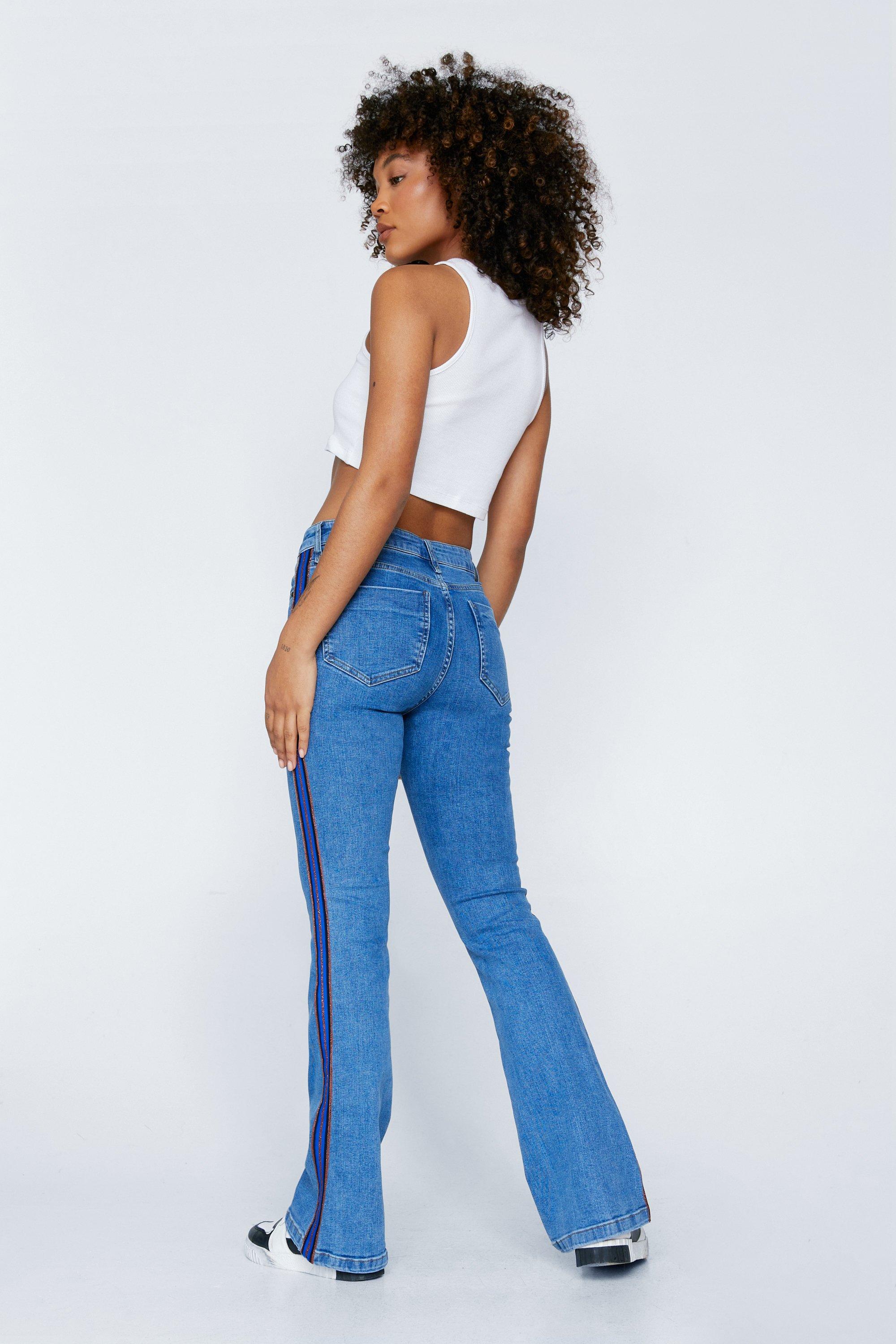 Metallic Stripe Side Seam Detail Denim Flare Pants